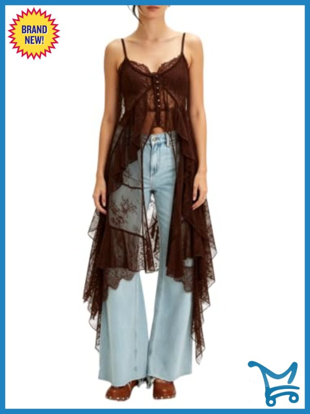 Sheer Lace Maxi Cami Top Spaghetti Strap Flowy Boho Layer